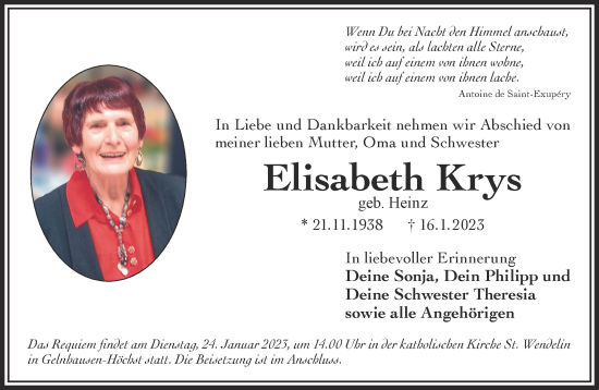 Traueranzeige von Elisabeth Krys von Gelnhäuser Neue Zeitung