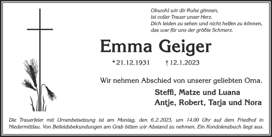 Traueranzeige von Emma Geiger von Gelnhäuser Neue Zeitung