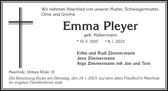 Traueranzeige von Emma Pleyer von Gelnhäuser Neue Zeitung