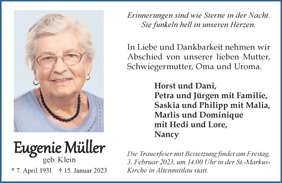 Traueranzeige von Eugenie Müller von Gelnhäuser Neue Zeitung