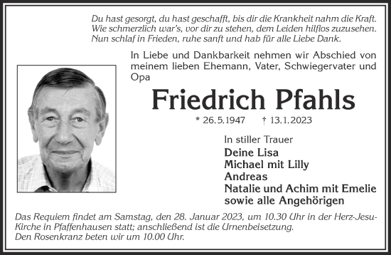 Traueranzeige von Friedrich Pfahls von Gelnhäuser Neue Zeitung