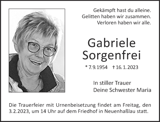 Traueranzeige von Gabriele Sorgenfrei von Gelnhäuser Neue Zeitung