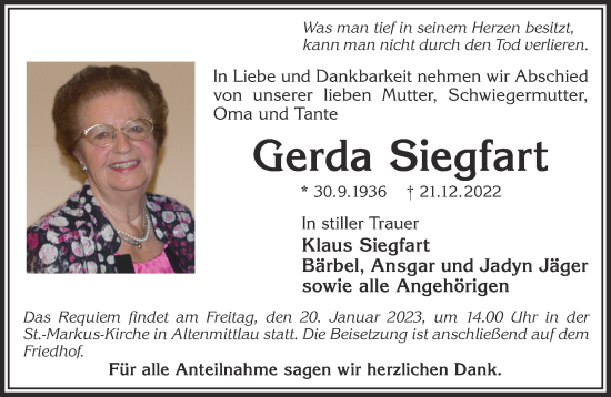 Traueranzeige von Gerda Siegfart von Mittelhessen-Bote