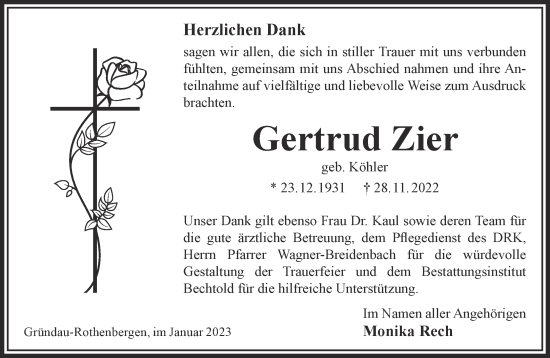 Traueranzeige von Gertrud Zier von Gelnhäuser Neue Zeitung