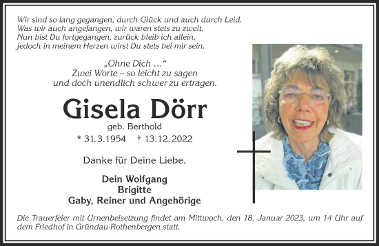 Traueranzeige von Gisela Dörr von Gelnhäuser Neue Zeitung