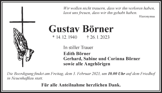 Traueranzeige von Gustav Börner von Gelnhäuser Neue Zeitung