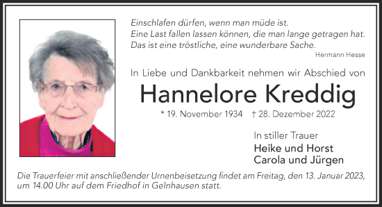 Traueranzeige von Hannelore Kreddig von Gelnhäuser Neue Zeitung