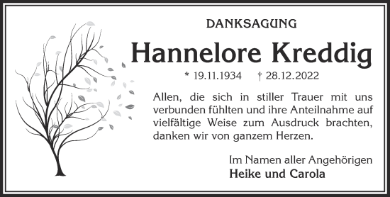 Traueranzeige von Hannelore Kreddig von Gelnhäuser Neue Zeitung