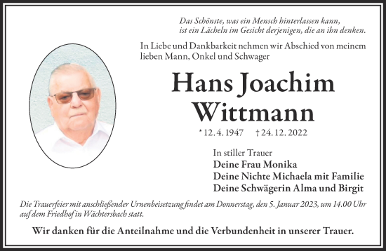 Traueranzeige von Hans Joachim Wittmann von Gelnhäuser Neue Zeitung