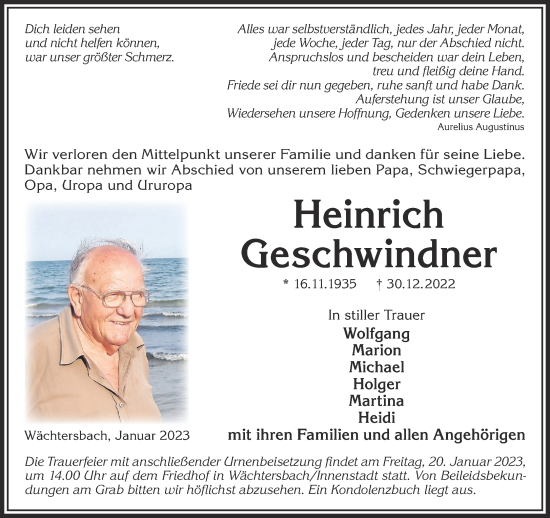 Traueranzeige von Heinrich Geschwindner von Gelnhäuser Neue Zeitung