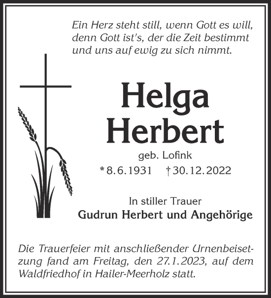 Traueranzeige von Helga Herbert von Mittelhessen-Bote