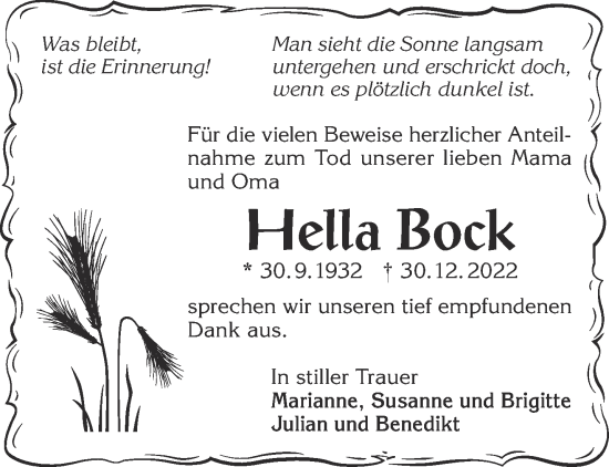 Traueranzeige von Hella Bock von Gelnhäuser Neue Zeitung