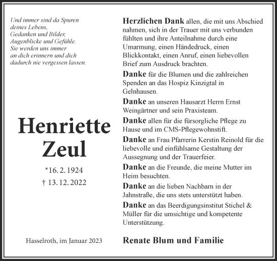 Traueranzeige von Henriette Zeul von Gelnhäuser Neue Zeitung