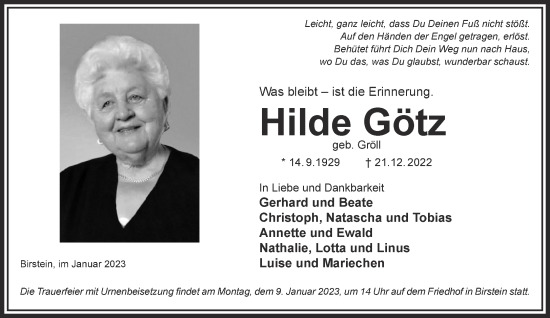 Traueranzeige von Hilde Götz von Gelnhäuser Neue Zeitung