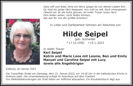 Traueranzeige von Hilde Seipel von Gelnhäuser Neue Zeitung