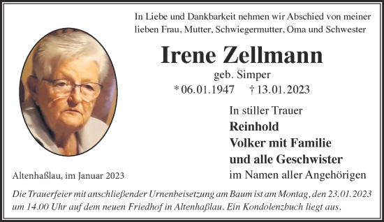 Traueranzeige von Irene Zellmann von Gelnhäuser Neue Zeitung