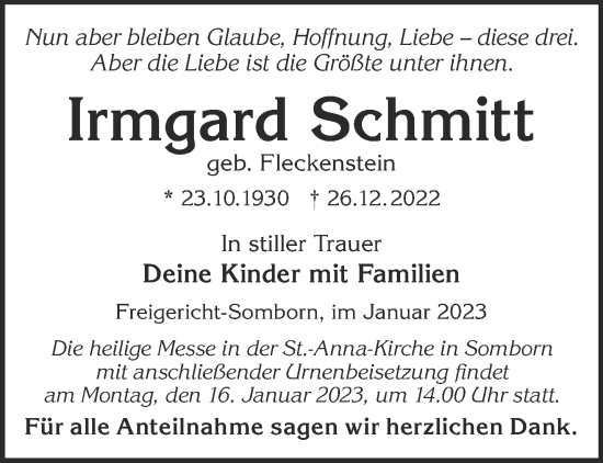 Traueranzeige von Irmgard Schmitt von Gelnhäuser Neue Zeitung