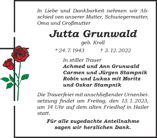 Traueranzeige von Jutta Grunwald von Mittelhessen-Bote