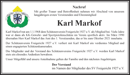 Traueranzeige von Karl Markof von Gelnhäuser Neue Zeitung