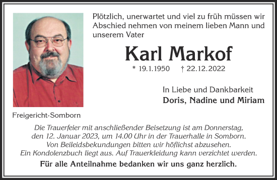 Traueranzeige von Karl Markof von Gelnhäuser Neue Zeitung