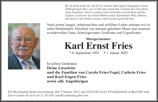 Traueranzeige von Karl Ernst Fries von Gelnhäuser Neue Zeitung