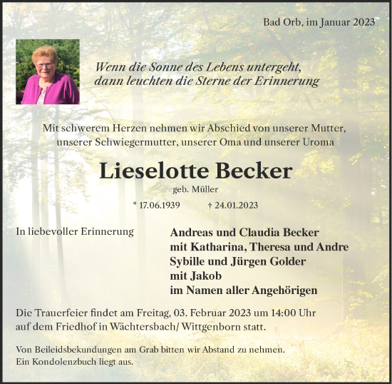 Traueranzeige von Lieselotte Becker von Gelnhäuser Neue Zeitung