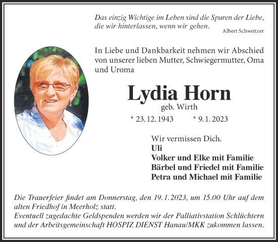 Traueranzeige von Lydia Horn von Gelnhäuser Neue Zeitung