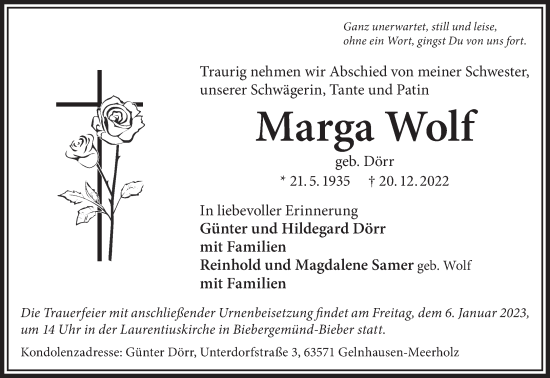 Traueranzeige von Marga Wolf von Gelnhäuser Neue Zeitung