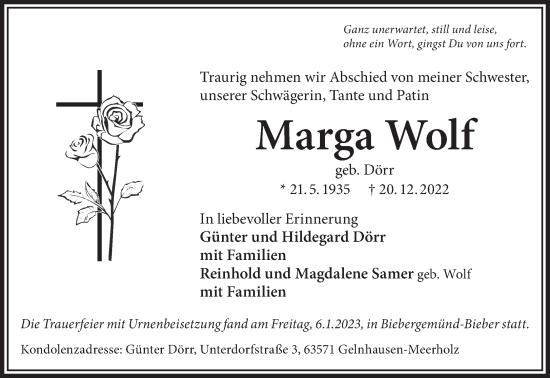 Traueranzeige von Marga Wolf von Mittelhessen-Bote