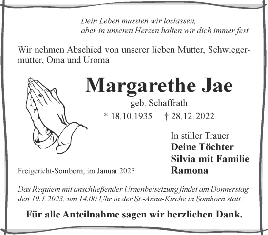 Traueranzeige von Margarethe Jae von Gelnhäuser Neue Zeitung