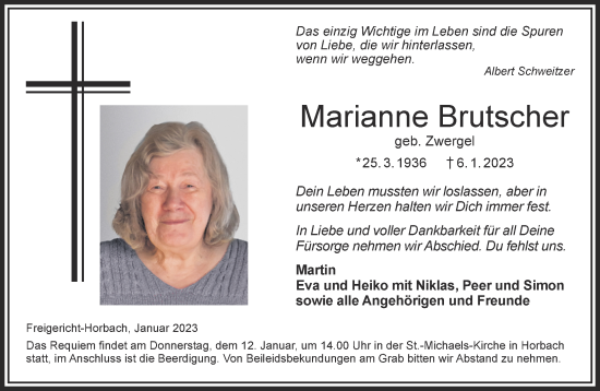 Traueranzeige von Marianne Brutscher von Gelnhäuser Neue Zeitung