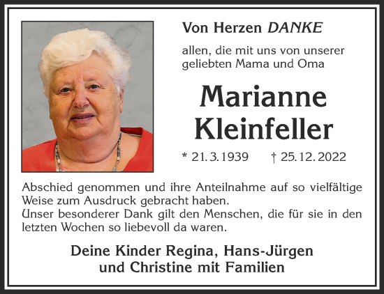 Traueranzeige von Marianne Kleinfeller von Gelnhäuser Neue Zeitung