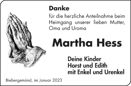 Traueranzeige von Martha Hess von Gelnhäuser Neue Zeitung