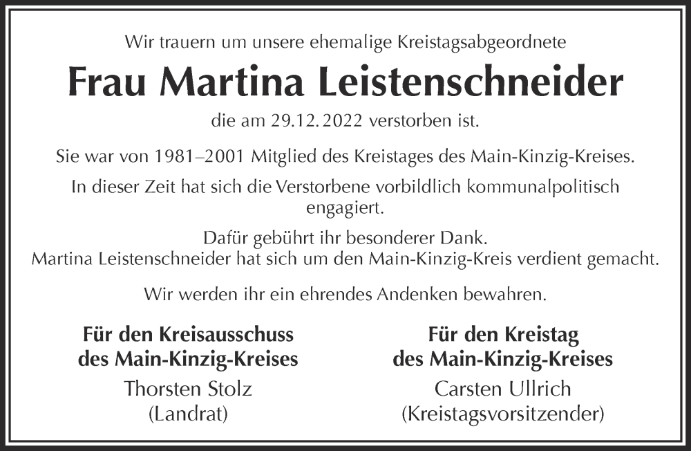  Traueranzeige für Martina Leistenschneider vom 07.01.2023 aus Gelnhäuser Neue Zeitung