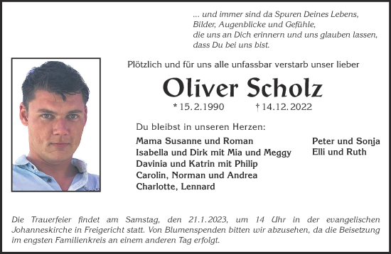 Traueranzeige von Oliver Scholz von Gelnhäuser Neue Zeitung