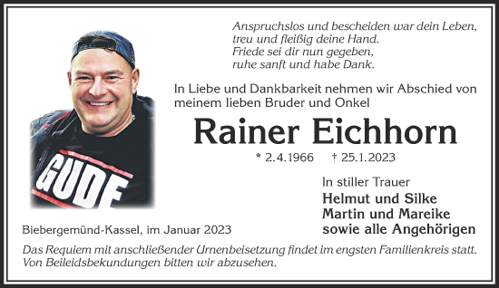 Traueranzeige von Rainer Eichhorn von Gelnhäuser Neue Zeitung