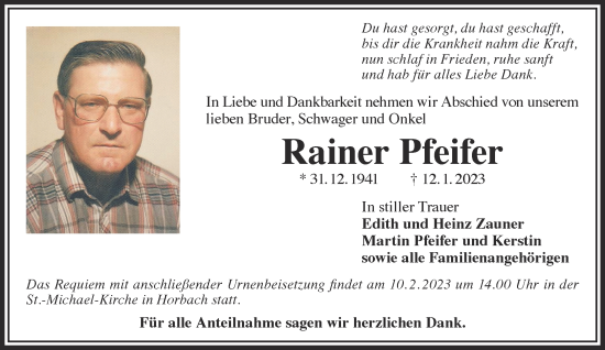 Traueranzeige von Rainer Pfeifer von Mittelhessen-Bote