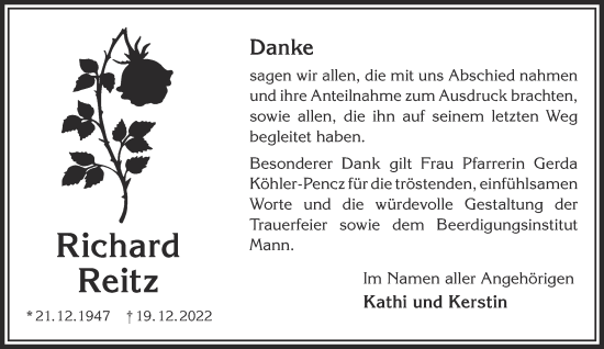 Traueranzeige von Richard Reitz von Gelnhäuser Neue Zeitung