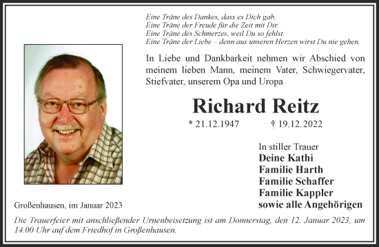 Traueranzeige von Richard Reitz von Gelnhäuser Neue Zeitung