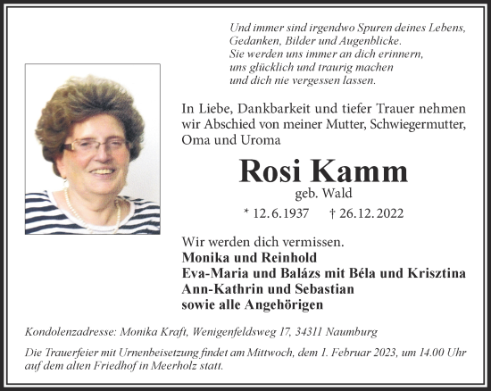 Traueranzeige von Rosi Kamm von Gelnhäuser Neue Zeitung