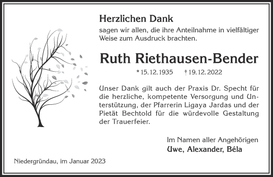 Traueranzeige von Ruth Riethausen-Bender von Gelnhäuser Neue Zeitung