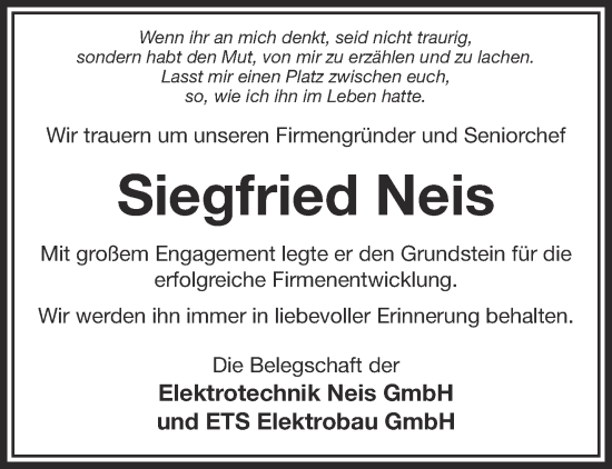 Traueranzeige von Siegfried Neis von Mittelhessen-Bote