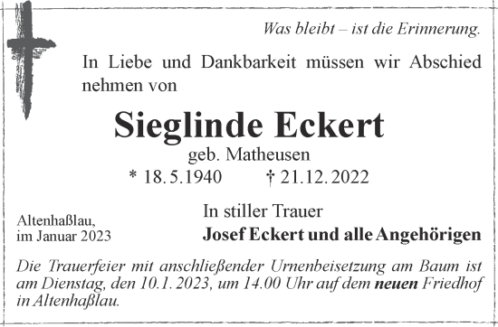 Traueranzeige von Sieglinde Eckert von Gelnhäuser Neue Zeitung