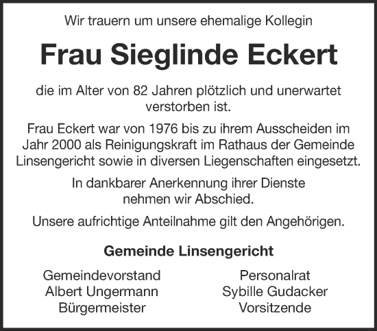 Traueranzeige von Sieglinde Eckert von Gelnhäuser Neue Zeitung