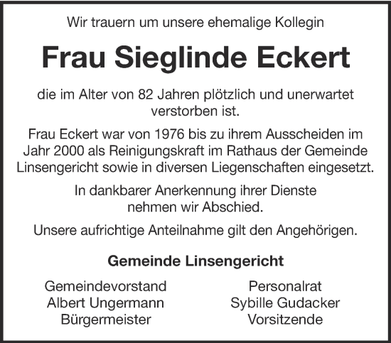 Traueranzeige von Sieglinde Eckert von Mittelhessen-Bote