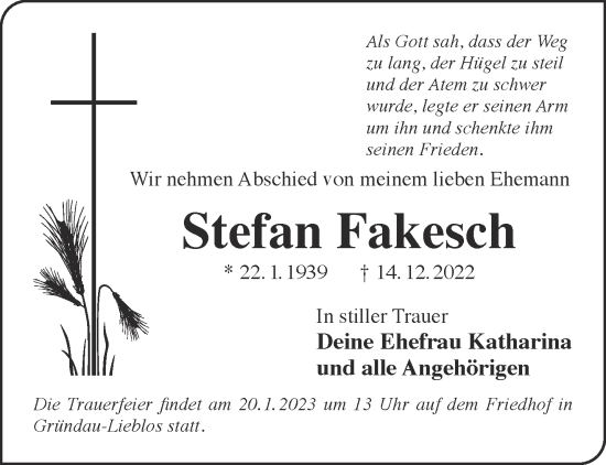 Traueranzeige von Stefan Fakesch von Gelnhäuser Neue Zeitung