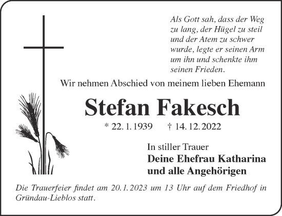 Traueranzeige von Stefan Fakesch von Mittelhessen-Bote