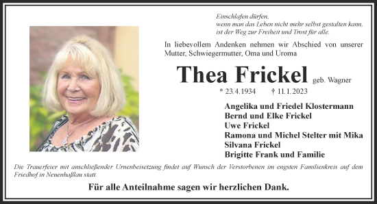 Traueranzeige von Thea Frickel von Mittelhessen-Bote