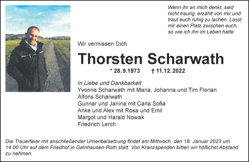  Traueranzeige für Thorsten Scharwath vom 07.01.2023 aus Mittelhessen-Bote