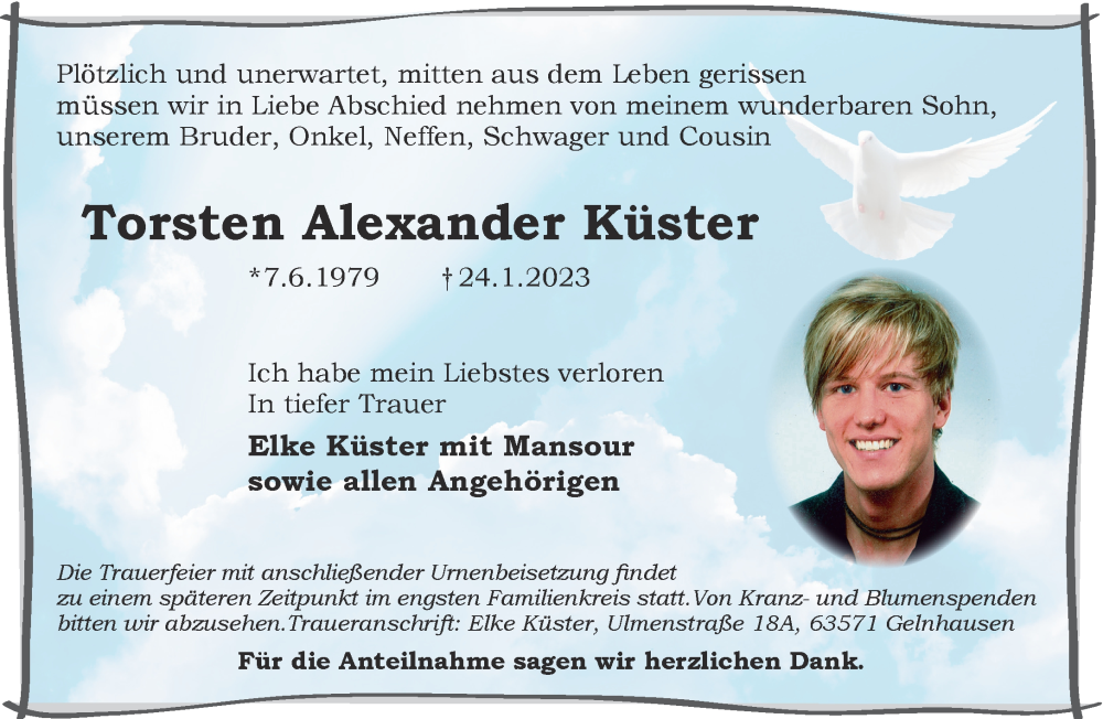  Traueranzeige für Torsten Alexander Küster vom 28.01.2023 aus Gelnhäuser Neue Zeitung